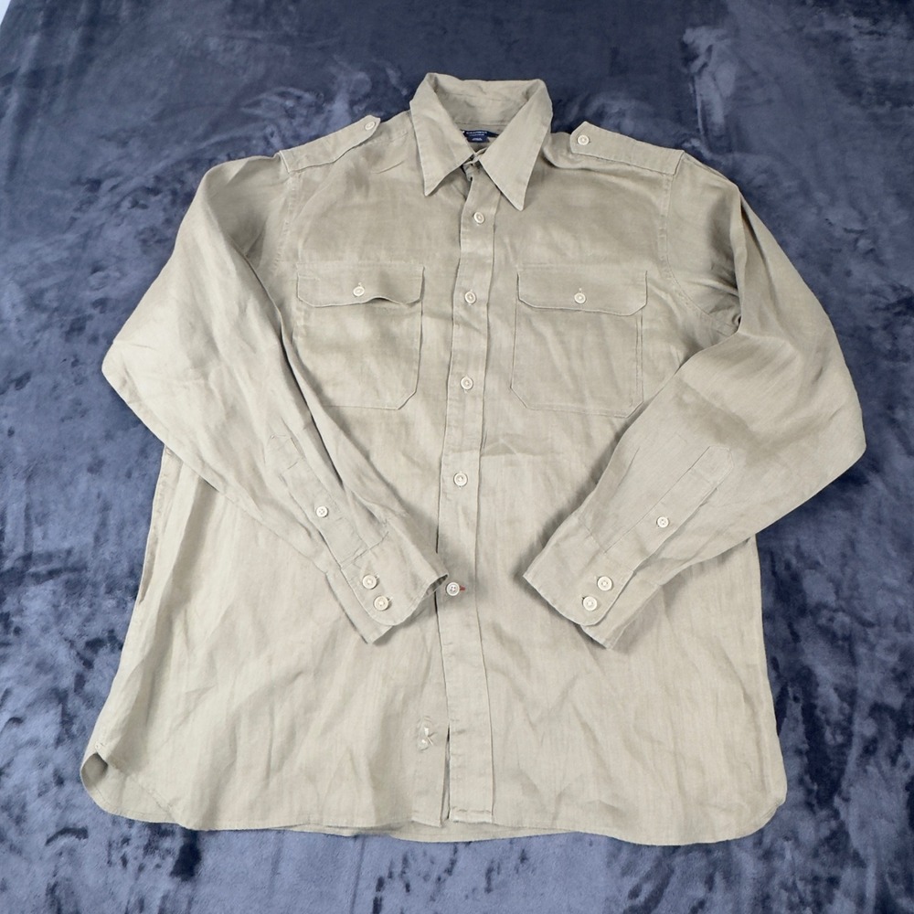 Cremieux Collection Button Down Shirt Mens Large Tan 100% Linen Epaulette Safari